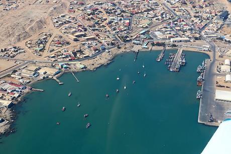 The image shows an aerial shot of Port of Lüderitz