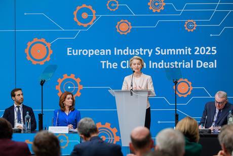 The image shows EU President Ursula von der Leyen in Antwerp to present the details of the plan to EU business leaders gathered at the European Industry Summit