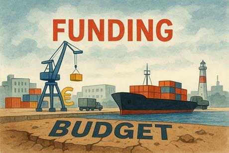 The image shows an AI created graphic detailing EU ports funding woes