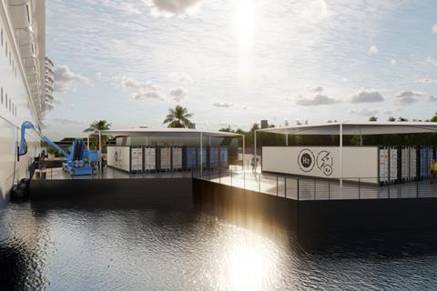 The image shows a render of a hydrogen-powered floating micro-grid