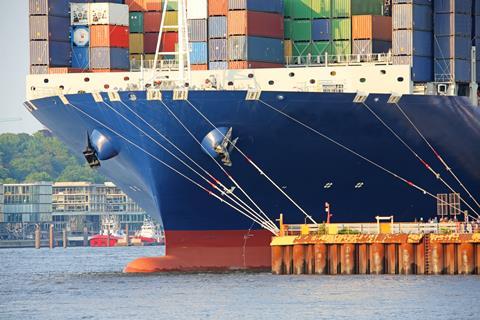 A docked container ship.