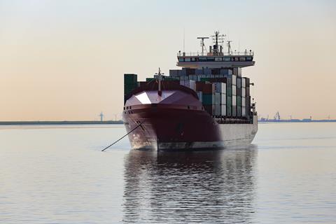 A smaller container ship at anchor.