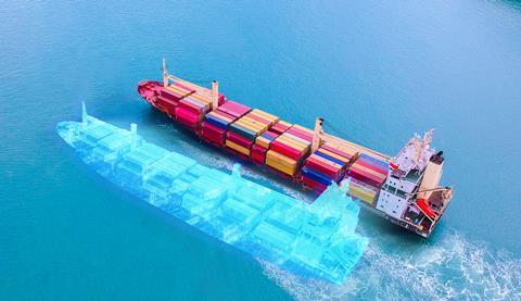 Rendering of a container ship with ghostly 'digital twin'