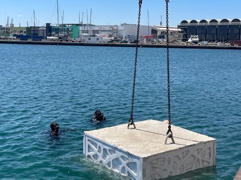 An ECOncrete block being installed at Marina Port Valencia