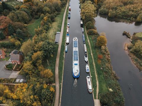 The image is a drone overhead picture of the canal serving Stourton Wharf