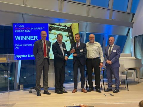 (l-r) Richard Steele ICHCA, David Robinson MBE, Jan Andreassen G2 Ocean, Thomas Keenan Cross Currents 88, Mike Yarwood TT Club Left to Right Richard Steele ICHCA, David Robinson MBE, Jan Andreassen G2 Ocean, Thomas Keenan Cross Currents 88, Mike Yarwood TT Club
