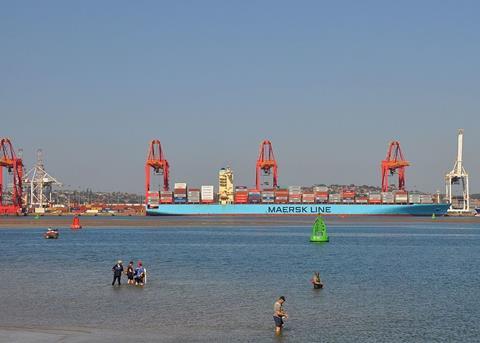 Durban Container Terminal with Maersk Line container ship and cranes in the background
