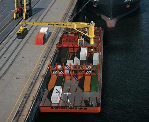A key element of the barge is that it’s equipped with its own full scale container crane.