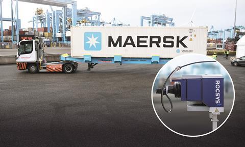 Maersk truck at the APMT Massvlakte II terminal at the Port of Rotterdam with an image of a Rocsys hands-free charging unit