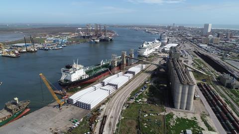 An aerial view of the Port of Galveston