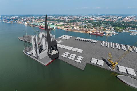 The image shows a render of the new quays at Klaipėda's former International Ferry Port