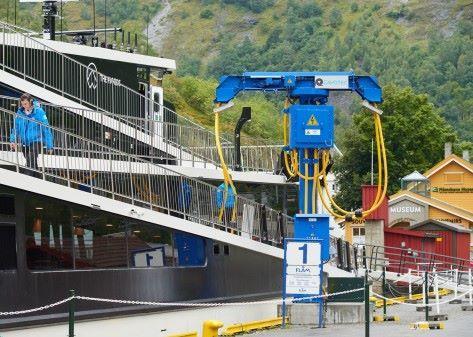 A shore power dispenser unit charging the Vision of the Fjords at the Flåm berth in Norway