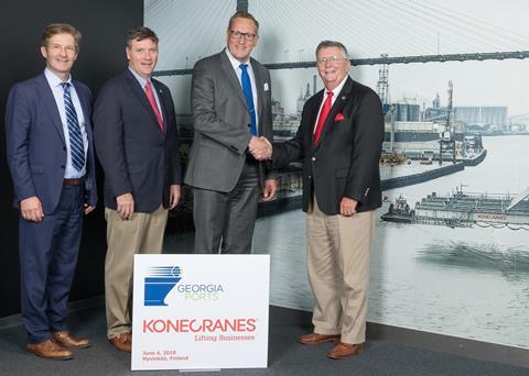 From left: Mika Mahlberg, executive vice president at Konecranes Port Solutions; Griff Lynch, executive director at the GPA; Panu Routila, president and chief executive at Konecranes; and Jimmy Allgood, chairman of the GPA's Board of Directors P...