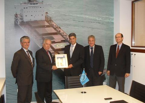Presentation of the 1,000th FutureShip SEEMP certificate (from left to right): Aristidis Efstathiou, GL business development manager area Southern Europe, Athanasios Reisopoulos, GL area manager, Philippos Efstathiou, owner of EFNAV, Pantelis Ch...