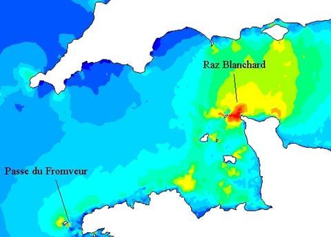 Map showing the Raz Blanchard tidal hotspots