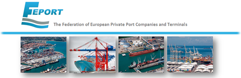 FEPORT logo with four pictures of ports and cargo handling