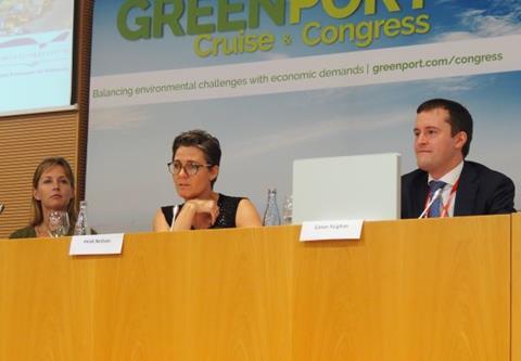 Heidi Neilson of Port of Oslo answers a question, flanked by Linda van Waveren of Port of Amsterdam and Conor Feighan, Feport