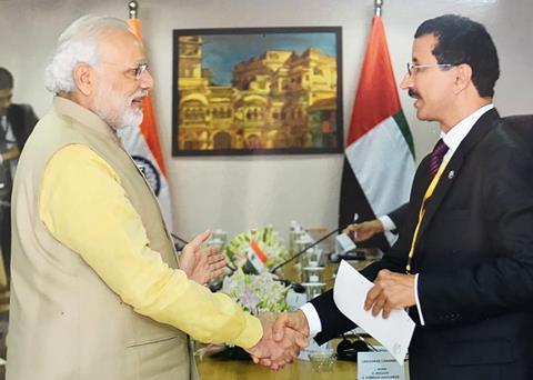 DP World's Sultan Ahmed Bin Sulayem with the prime minister of India Shri. Narendra Modi at the Vibrant Gujarat Global Summit.